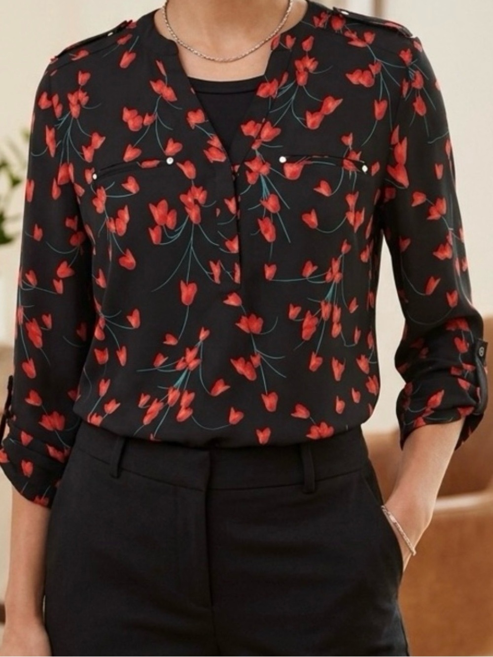 Express Black and Red Floral Blouse